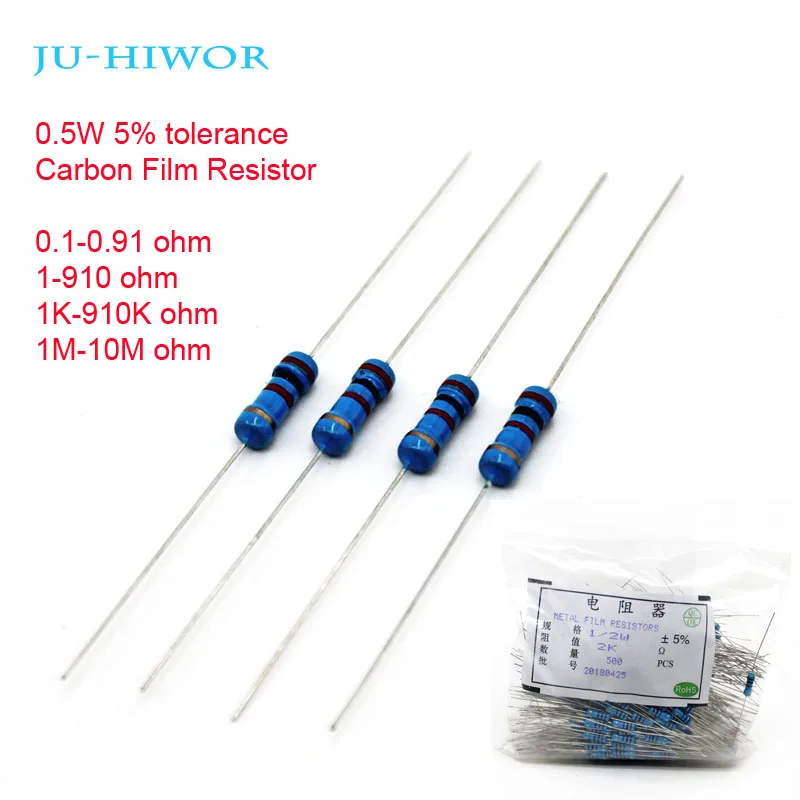 

500pcs 0.1-0.91 1-910 1K-910K 1M Ohm 0.5W 1/2W Watt 5% Carbon Film Resistors 100 200 300 1K 2K 3K 1M Ohm Resistor Diy