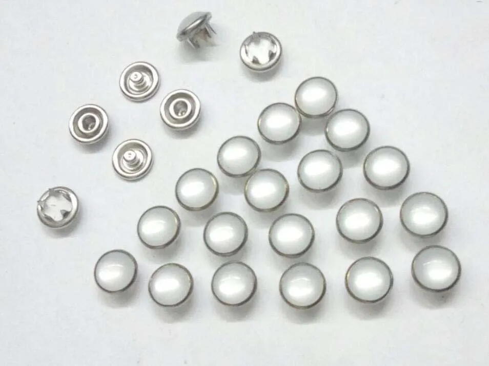 100 Set / Lot  4 Part Buttons 8mm White Pearl Prong Snap Button Nickle Color +Tools