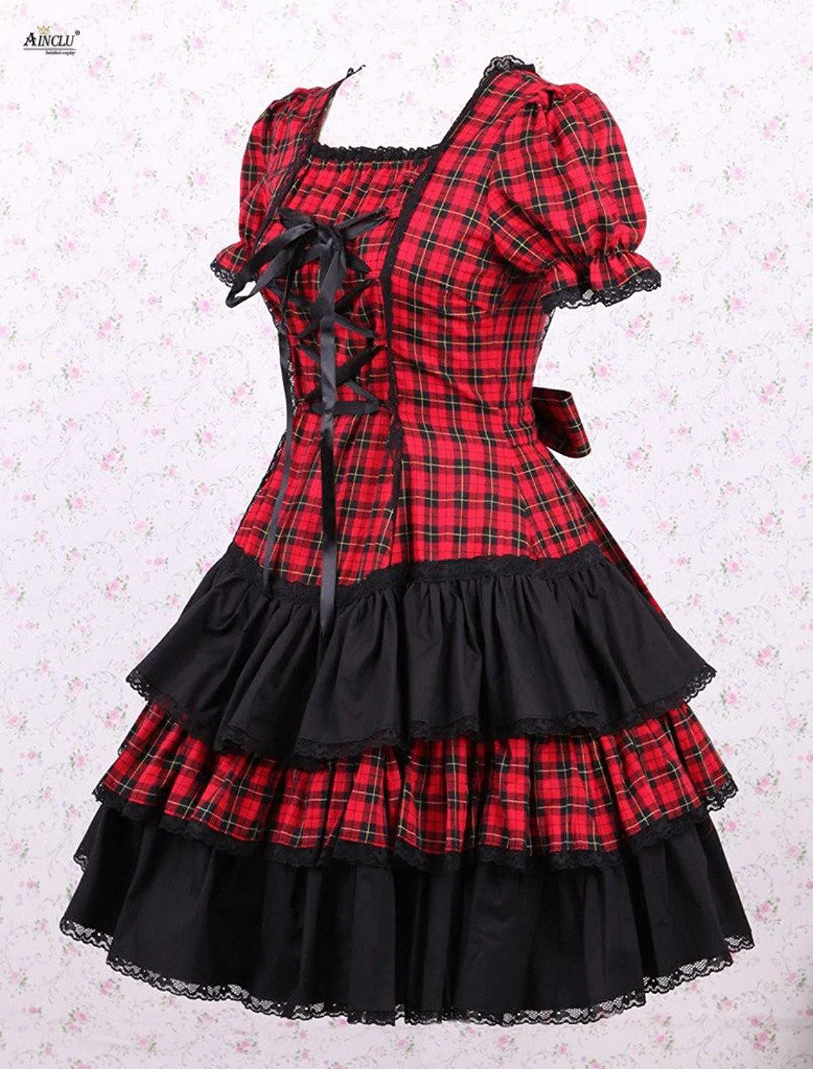 Ainclu Womens Cotton Short Sleeves Black And Red Grid Sweet Classic Shepherd Check School Middle-Long Dress A-line Lolita Dress