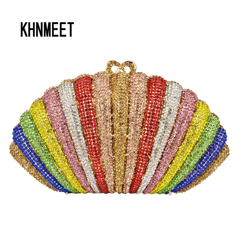 

KHNMEET Luxury Multicolor Crystal Evening Bag rainbow Color Diamond Clutch Bag Purse soiree pochette Wedding banquet Bag SC556