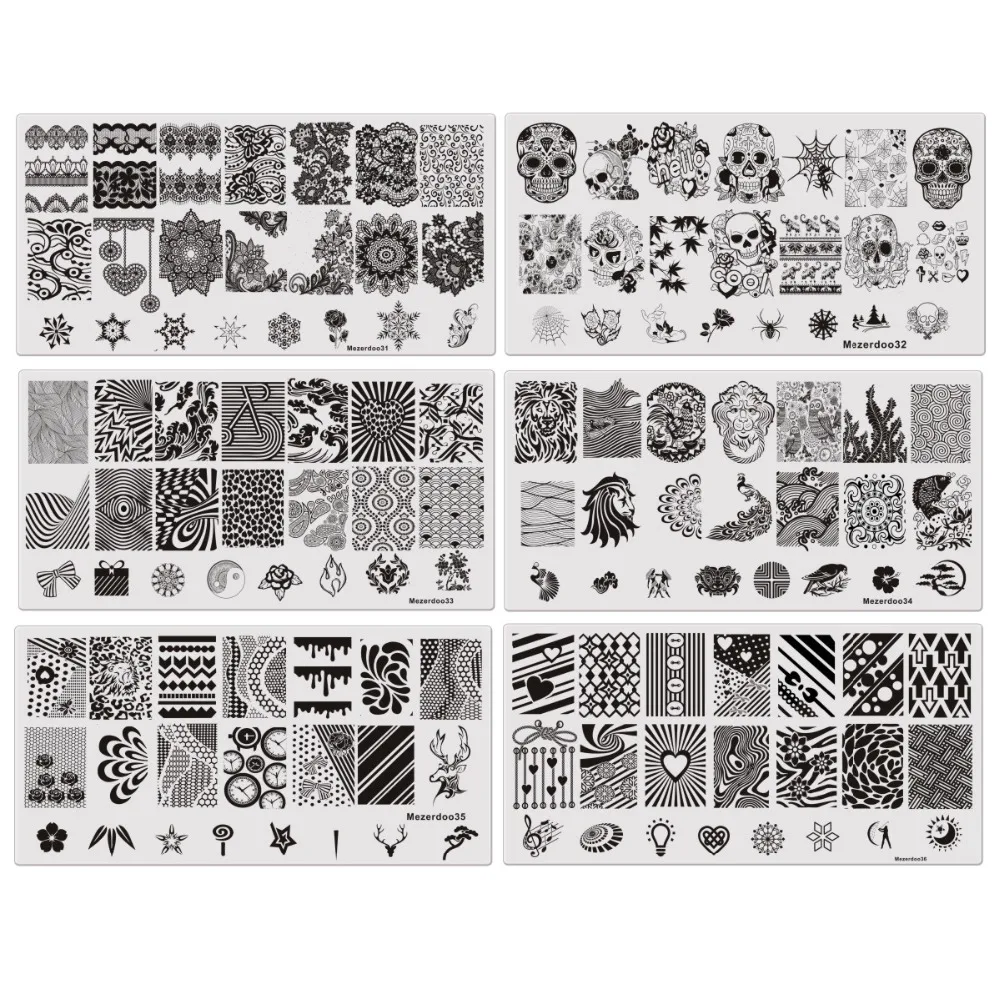 9Pcs/lot Rectangle Stamp Template Floral Skull Gear Pattern Plate Manicure Nail Art Stamping Image Plates Stencils Tools