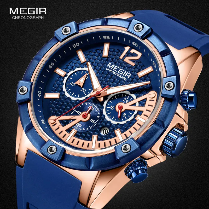 MEGIR Men\'s Sports Chronograph Quartz Wrist Watches Army Silicone Waterproof Stopwatch Relojios Masculinos Man ClockMN2083-2N0