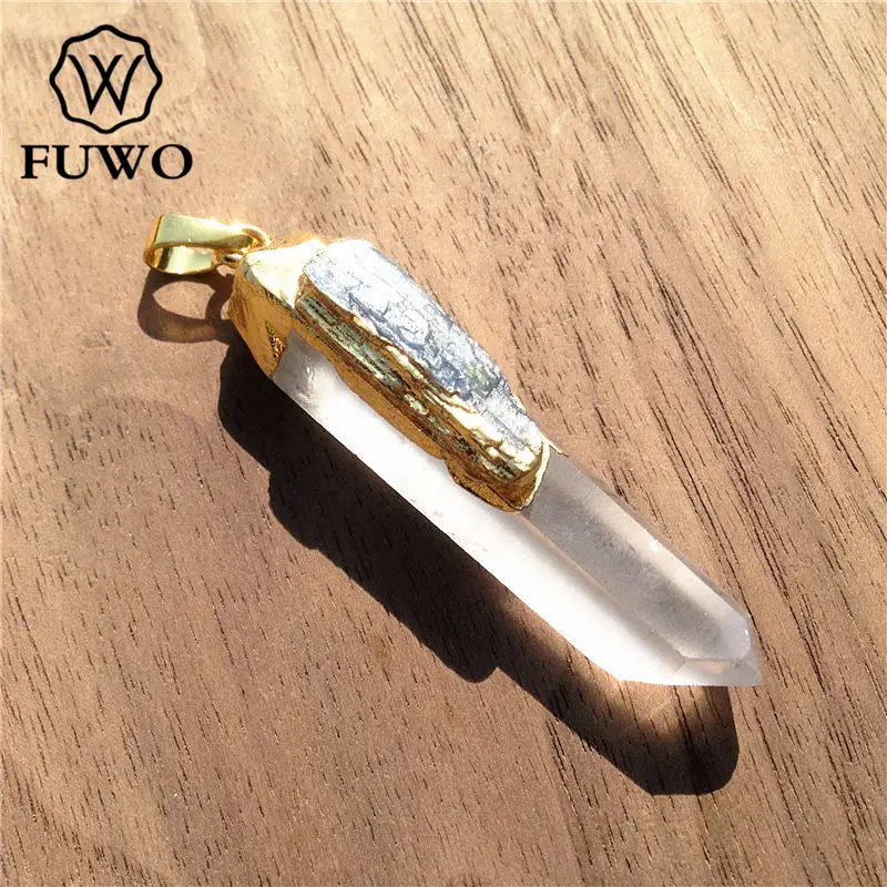 FUWO Wholesale Natural Crystal Quartz Point Pendant With Kyanite Charm,Golden Plated Stone Accessory For Jewelry Make 5Pcs PD038