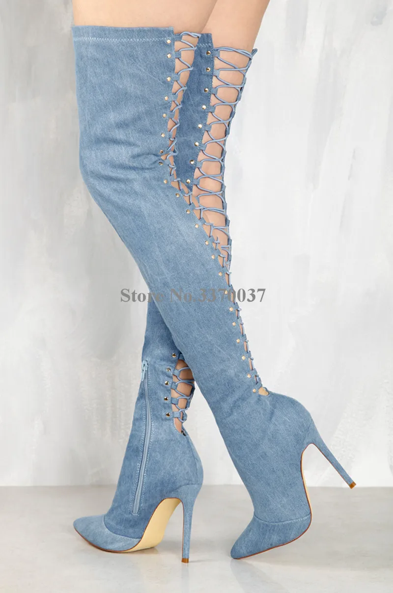 Women Newest Pointed Toe Over Knee Blue Denim Lace-up Gladiator Boots Back Cut-out Long High Heel Jean Boots Dress Shoes