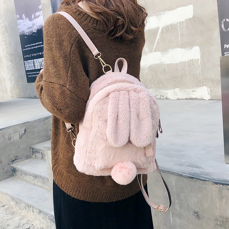 New Women Faux Fur Backpack Fur Double Shoulder Bag Chain School Bags For Teenager Girls Children Cute Rabbit Backpacks 494