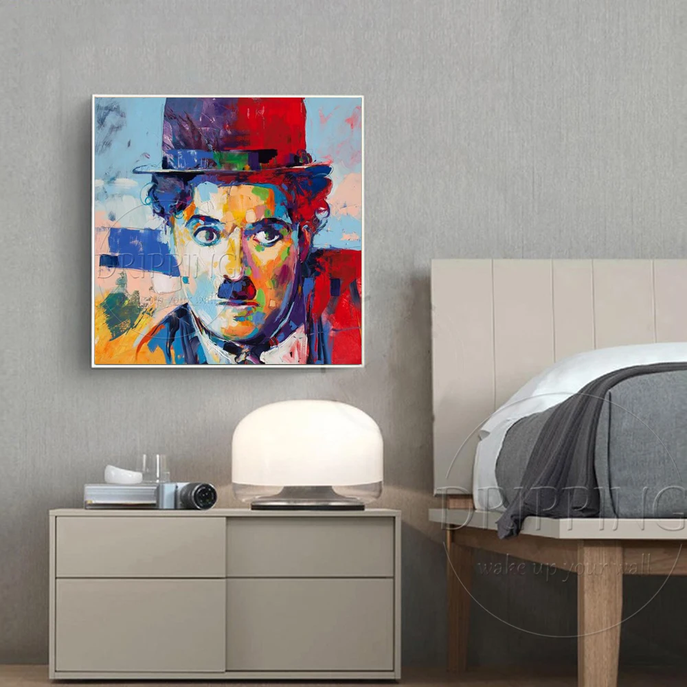 Excellent Artist Hand-painted High Quality Famous People Chaplin Oil Painting on Canvas Handmade Pop Art Portrait Oil Painting