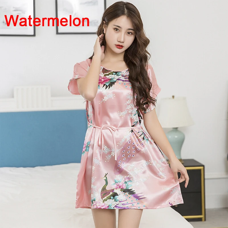 Women Soft Silk Sleepwear Imitated Sleep Floral Dress Strip Tunic Homewear Plus Size Sleepwear Breathable Casual Leisure Wear