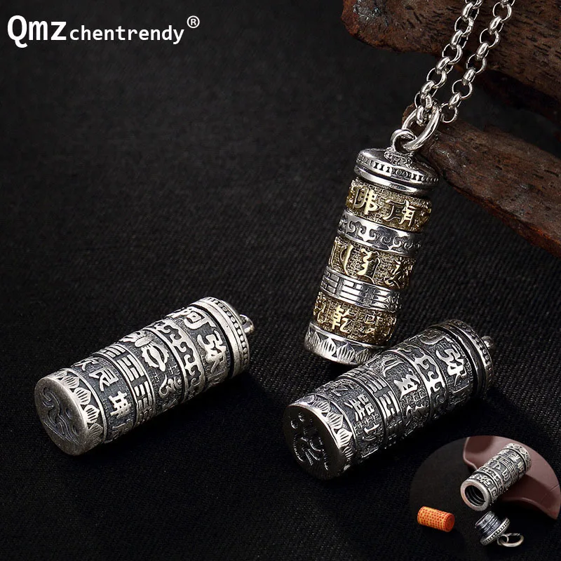 

S990 Sterling Silver Vintage Tube Locket Pendant Buddhist Antique Shurangama Mantra vajry pestle Amulets Talismans Urn Necklace