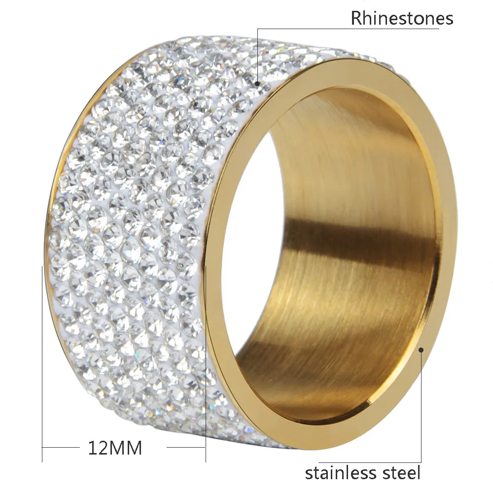 Chanfar 8 Lines Fashion Full Crystal Stone Gold Color Wedding Ring Finger Big Stainless Steel Rings Men Women Jewelry