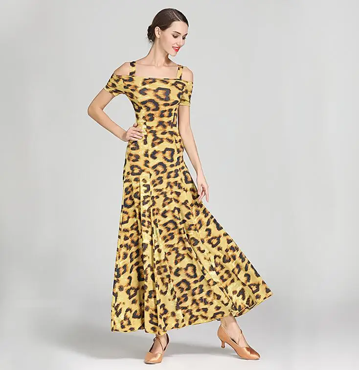 Modern Dance Dresses For Ladies Green Red Yellow Short Sleeve Skirts Cheap Adult Women Ballroom Chacha Dancing  leopard 9040