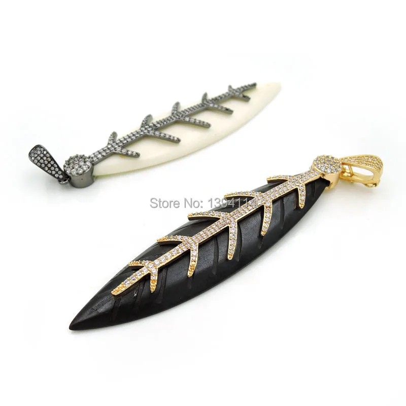 

Micro Pave Clear CZ Ox Bone Carved Pendant Of Gluing Leaf Skeleton Cap Approx 95*24*7mm