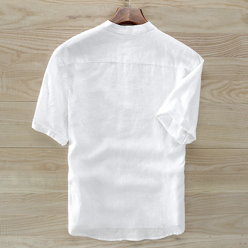 Stand Collar Short-Sleeved Pure Linen Shirt Men Chinese Ink Painting Print Flax White Shirts For Men Camisa Masculina Chemise