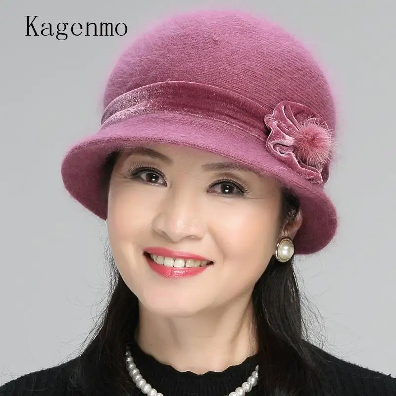 Kagenmo Cap Scarf Twinsets Mother's New Year Gift Thick Knitting Rabbit Fur Warm Sets Fashion Outdoor Keep Warm Women Hat Scarf