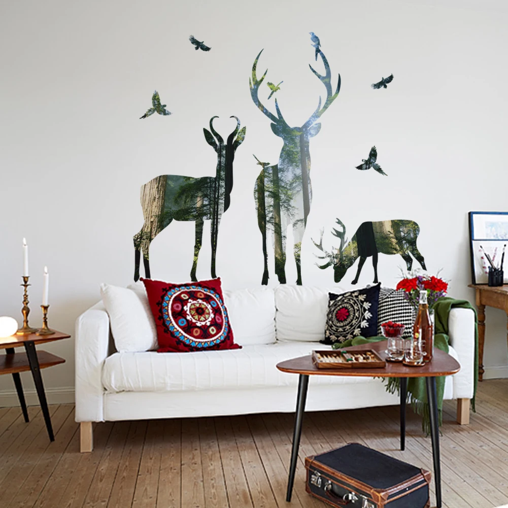 Forest Wild Deer leaf Wall Stickers 3D Vivid Wall Decals Poster Mural Living Room Bedroom Home Decor