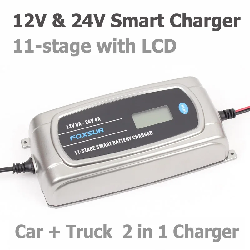 FOXSUR 12V 8A 24V 4A 11-stage Smart Battery Charger, Car Truck  AGM EFB GEL WET Battery Charger, Lead Acid Charger LCD Display