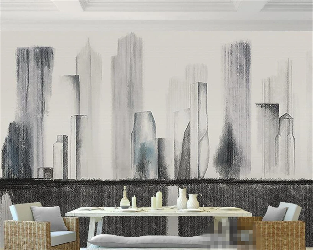 

Beibehang Custom wallpaper abstract black and white hand painted architectural background living room bedroom TV mural wallpaper