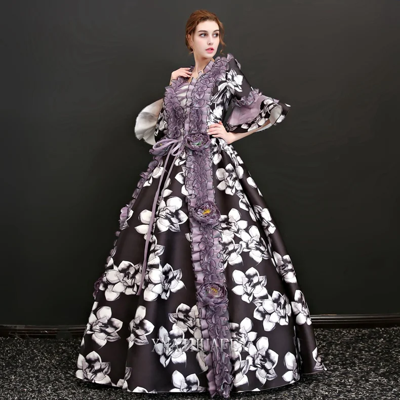 long flare sleeve flower printing ruffled venice carnival queen ball gown medieval dress Renaissance Gown Victoria/Antoinette