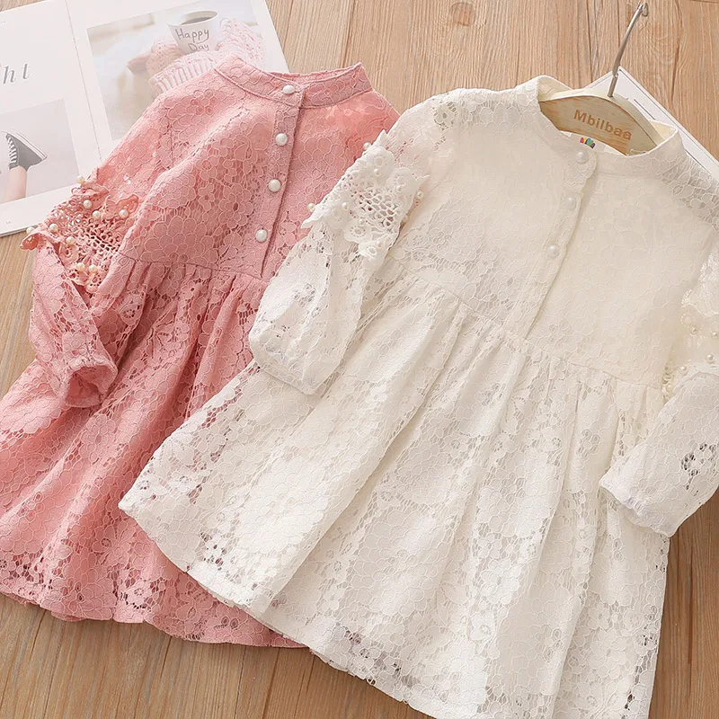 2025 Spring Autumn 3 4 6 8 10 to 12 Years Child England Style Princess Pearl Lace Knee Length Kids Baby Girl Long Sleeve Dress