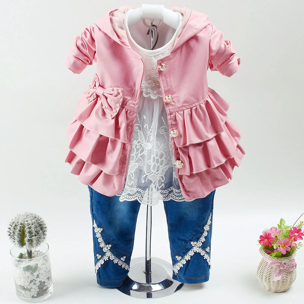 6m-3Years Spring Autumn Baby Girls Clothing Set 3pcs Long Sleeve White Cotton T Shirt Pu Leather Hoodie Jacket and Denim Jeans