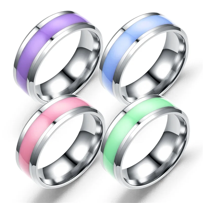 Fashion Epoxy Purple Green Blue Pink Color Glow In The Dark Women Men Stainless Steel Couple Ring