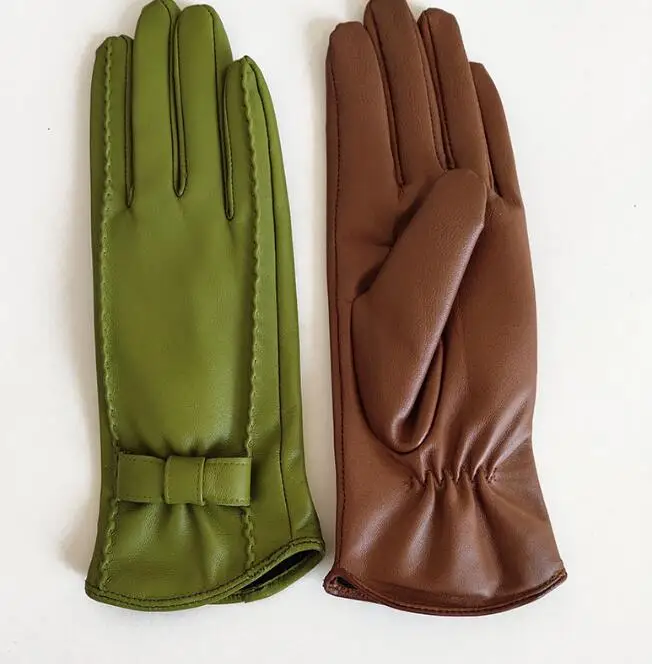 Women's Solid Color Brief Natural Goat Leather Bow Gloves Female Genuine Leather Winter Touch Screen Driving Glove R786