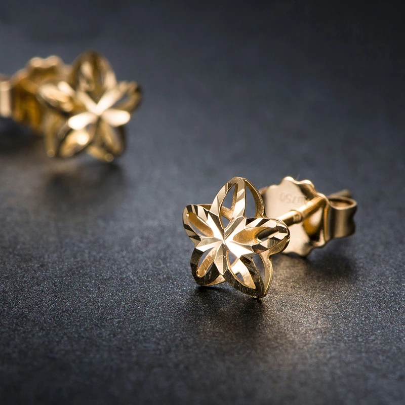 Pure 18K Yellow Gold Earrings Women Hollow Flower Stud Earrings P6257