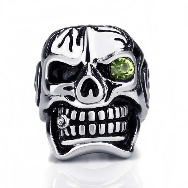 Mens Boys Stainless Steel Ring Huge Skull Blue/Red/Green Eye Cigar CZ Biker Jewelry Us Size 8-15