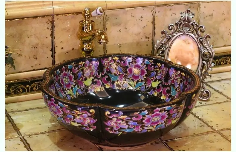 

Europe Vintage Style Ceramic Art Basin Sinks Counter Top Wash Basin Bathroom Vessel Sinks vanities bathroom sinks bowls