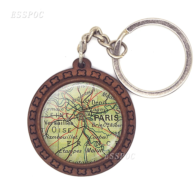 Creative Naples and Italy Vintage Map Pattern Key Ring Wooden Key Chain Glass Convex Dome Unisex