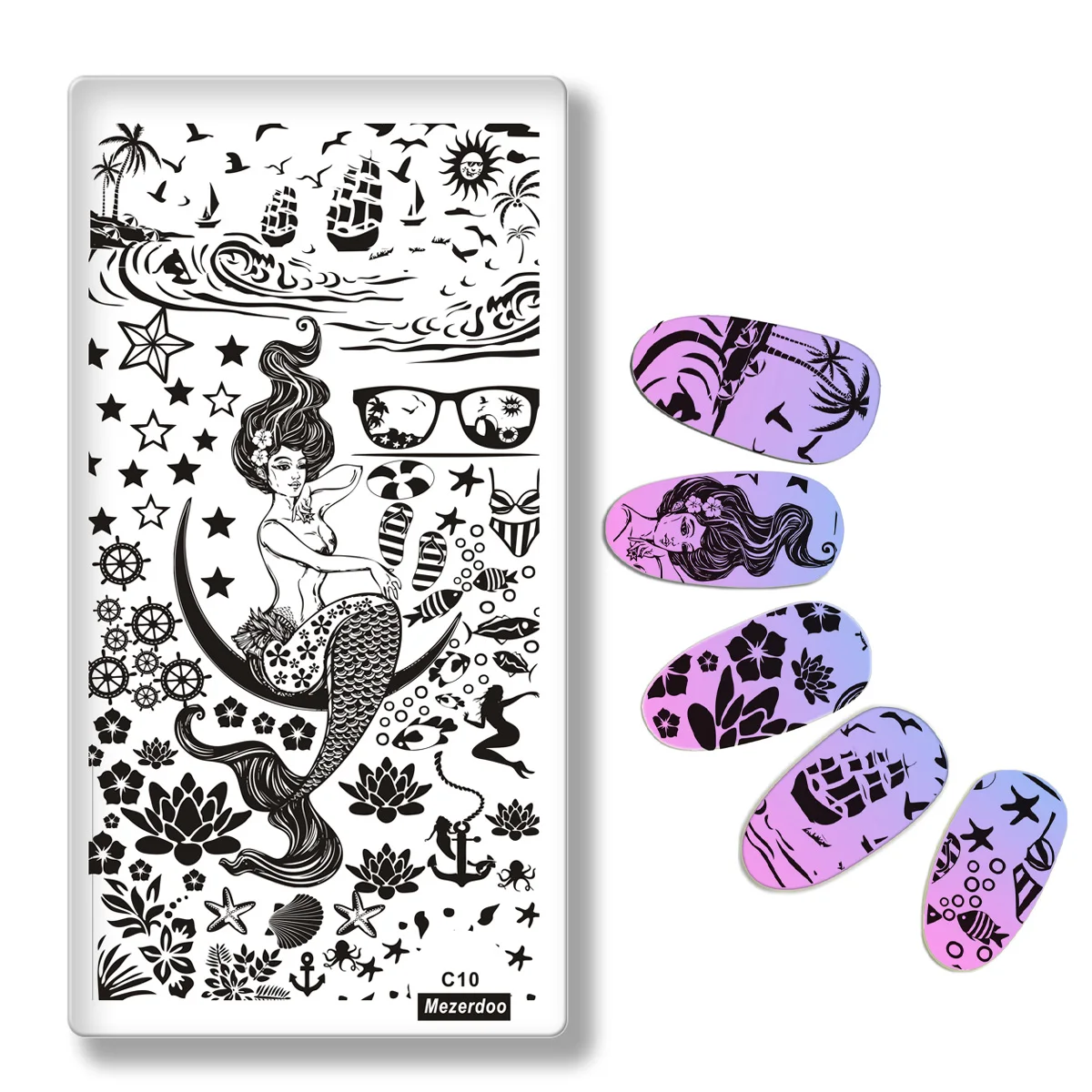 Mezerdoo Mermaid Nail Stempel Ontwerp Nail Art Stamp Template Image Transfer Mariene Leven Patronen Gel Nagellak voor Stempel C10