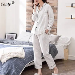 Pyjama Sets Vrouwen 2022 Gestreepte Casual Katoenen Lange Mouwen Nachtkleding Pak 2 Stuk Sets Lente Homewear Lounge Broek Past