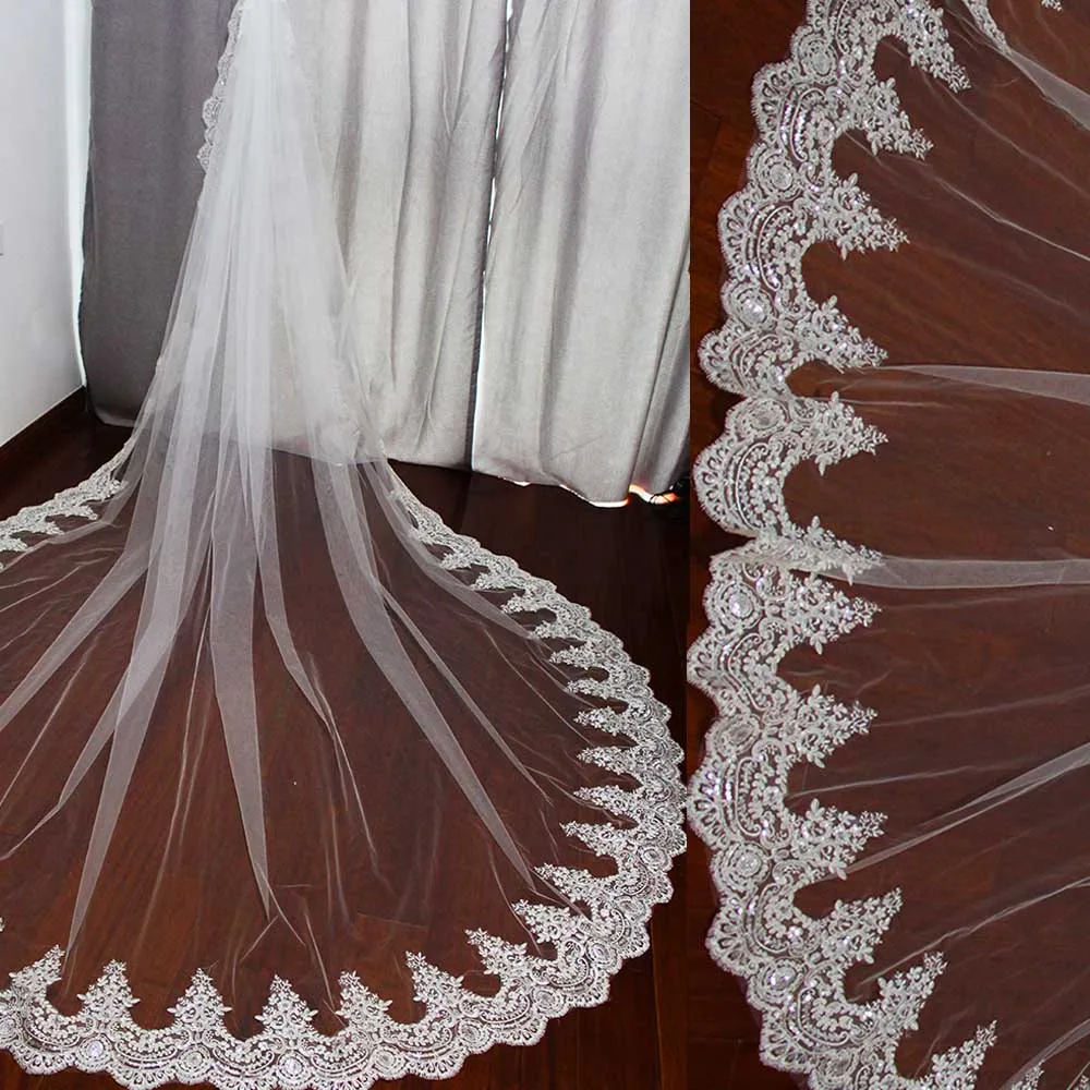 Real Photos 3 Meters Long Wedding Veil with Comb One Layer Luxury Bling Sequins Cathedral Bridal Veil High Quality Accessories