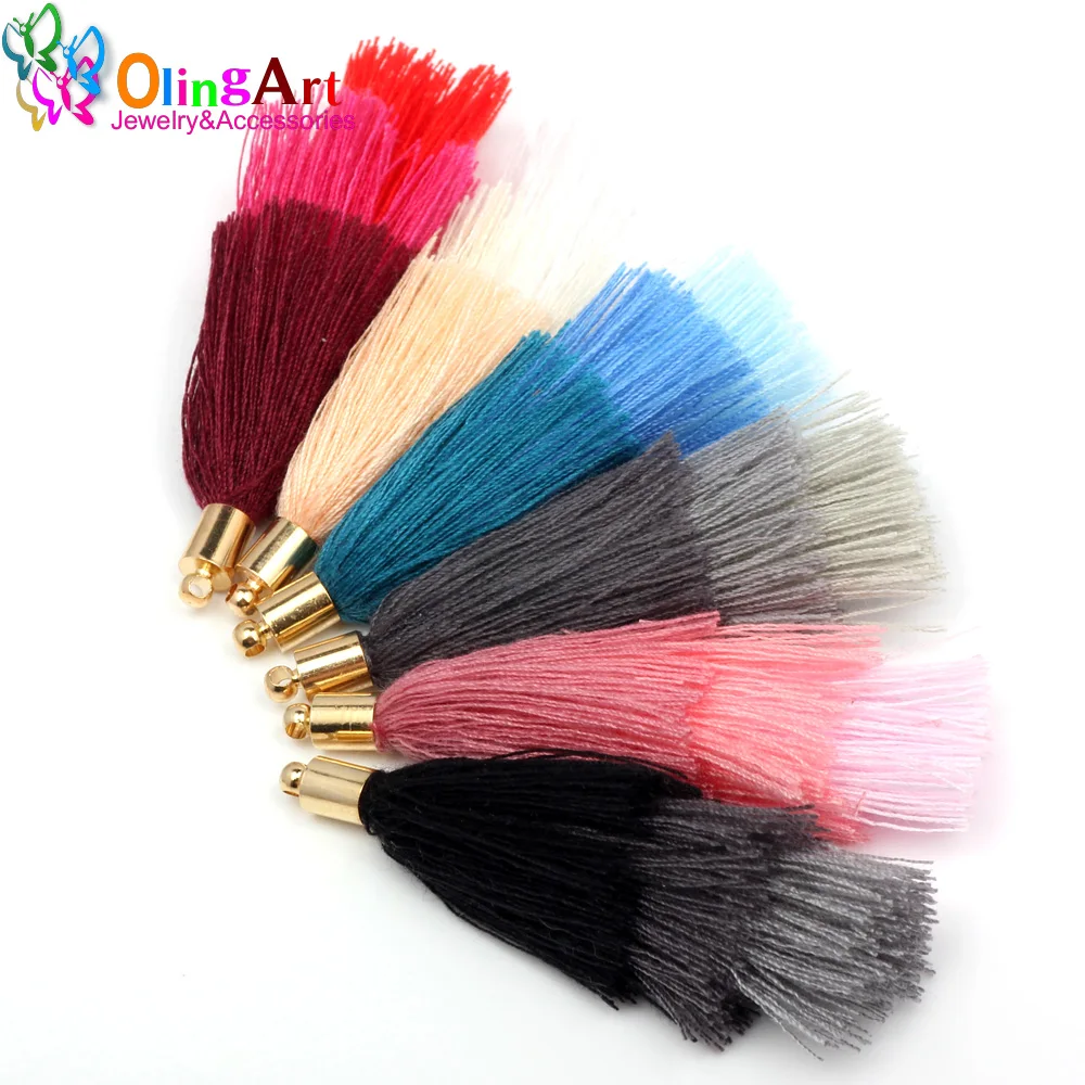 

OlingArt 60mm 6Pcs/lot Golden hat Gradient Cotton Tassel Charm Necklace Earring DIY Jewelry Making Straps Keychain Pendants