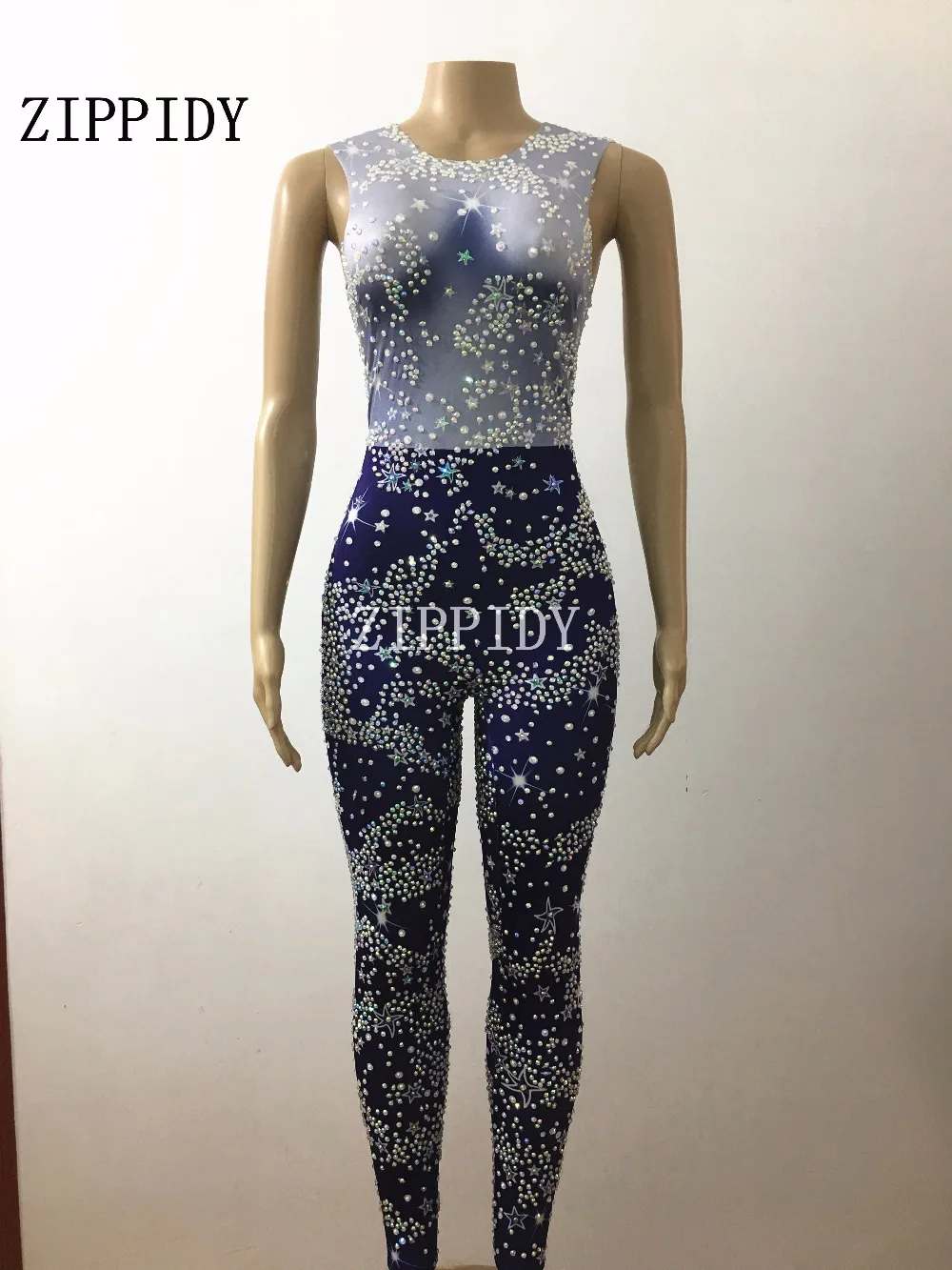 สีฟ้าดาวเครื่องแต่งกายผู้หญิงนักร้องเวทีสวมใส่สีสัน Sparkly หิน Jumpsuit เซ็กซี่ Bodysuit Dance One - Piece Rompers