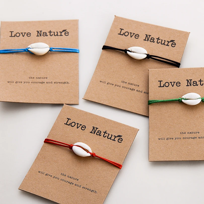 Pipitree Love Nature Shell Charm Bracelet Kraft Paper Wish Card Gift Handmade Red String Bracelets for Women Men Kids Jewelry