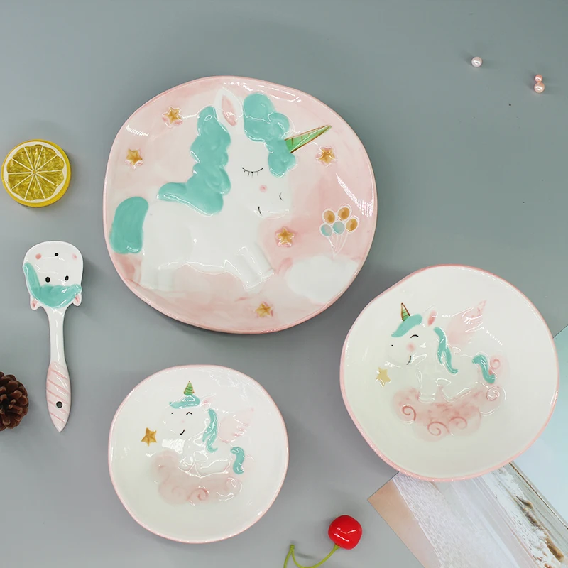 1pc Unicorn Children Dinnerware Set Ceramic Dish Plate Rice Snack Bowl Spoon for Kids Cutlery Set