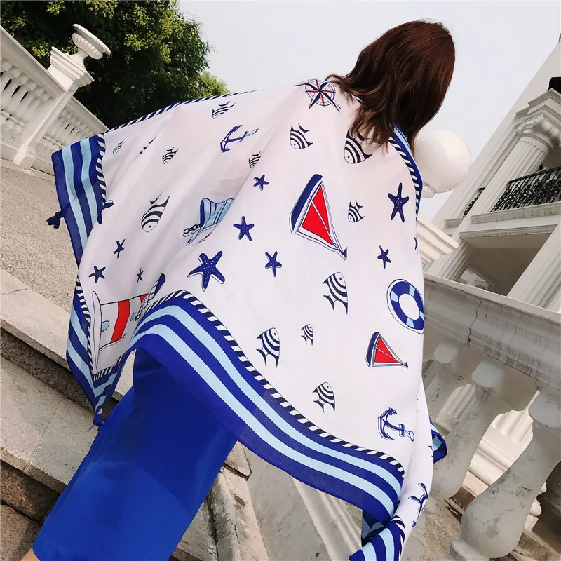 2022 Hot Sale New Fashion Boat Anchor Viscose Scarves Tassel Printed Women Wraps Winter Autumn Pashmina Ladies Thick Warm Shawls