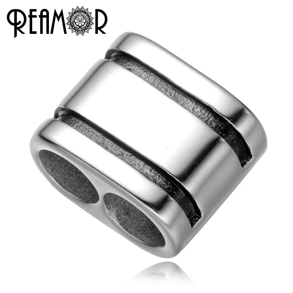 REAMOR 5pc Stainless Steel Double Hole Stripe Bead 12*6mm Flat Big Hole Spacer Beads For Men Leather Bracelet DIY Jewelry Making