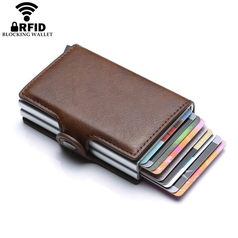 Europe Designer RFID Protection Men\'s Leather Credit Card Holder Double Aluminum Bank Card Protector Case ID Wallet For Man