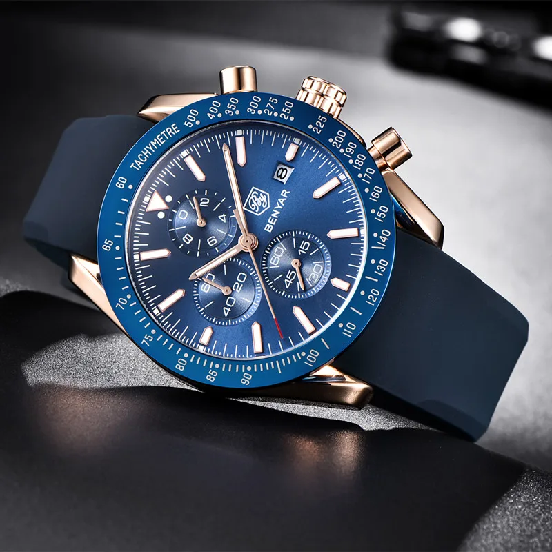 2023 Watch Men Luxury Brand BENYAR Mens Blue Watches Silicone Band Wrist Watches Men\'s Chronograph Watch Male Relogio Masculino