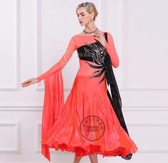 

customize orange rhinestone embroidery flower long sleeve Fox trot Waltz tango salsa competition ballroom dance dress
