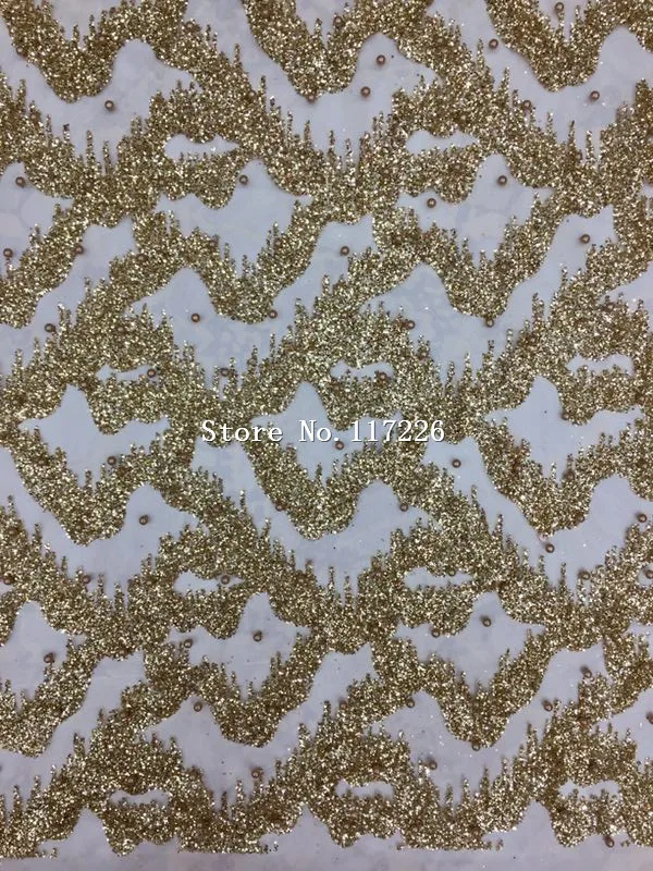 

fast shipping gold color glued glitter print african mesh tulle lace with beads for wedding/evening dress/party