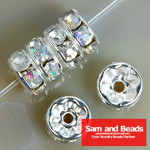 

Top quality ! Crystal Rhinestone Rondelle Spacer Beads Silver Free Shipping 100Pcs Wholesale Clear Crystal