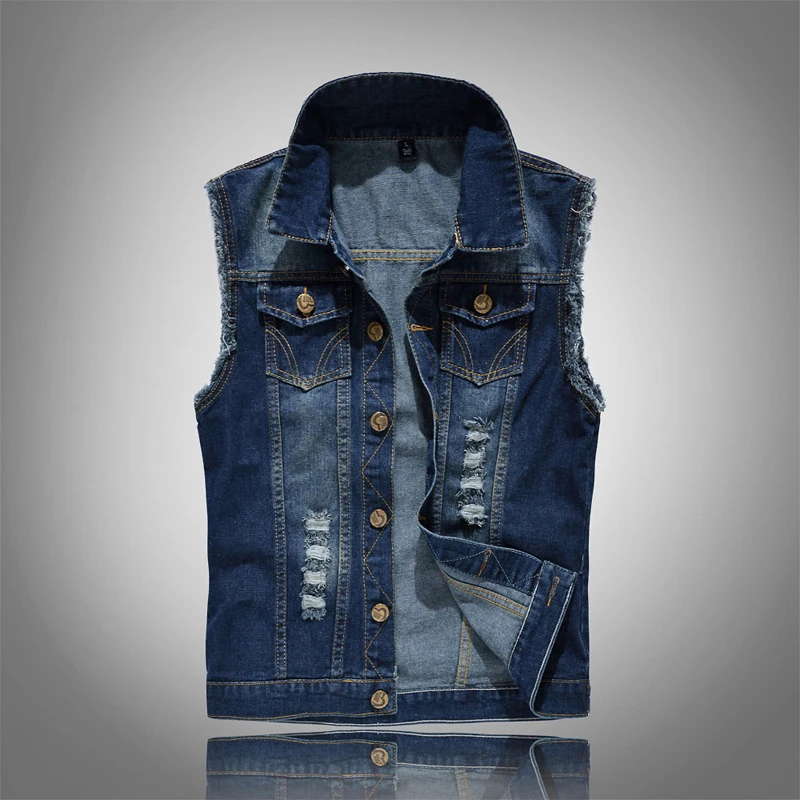 Plus Size 6XL Denim Vest Men Fashion Sleeveless Jeans Jackets Washed Ripped Hole Waistcoat Cowboy Streetwear Men Vests MY099