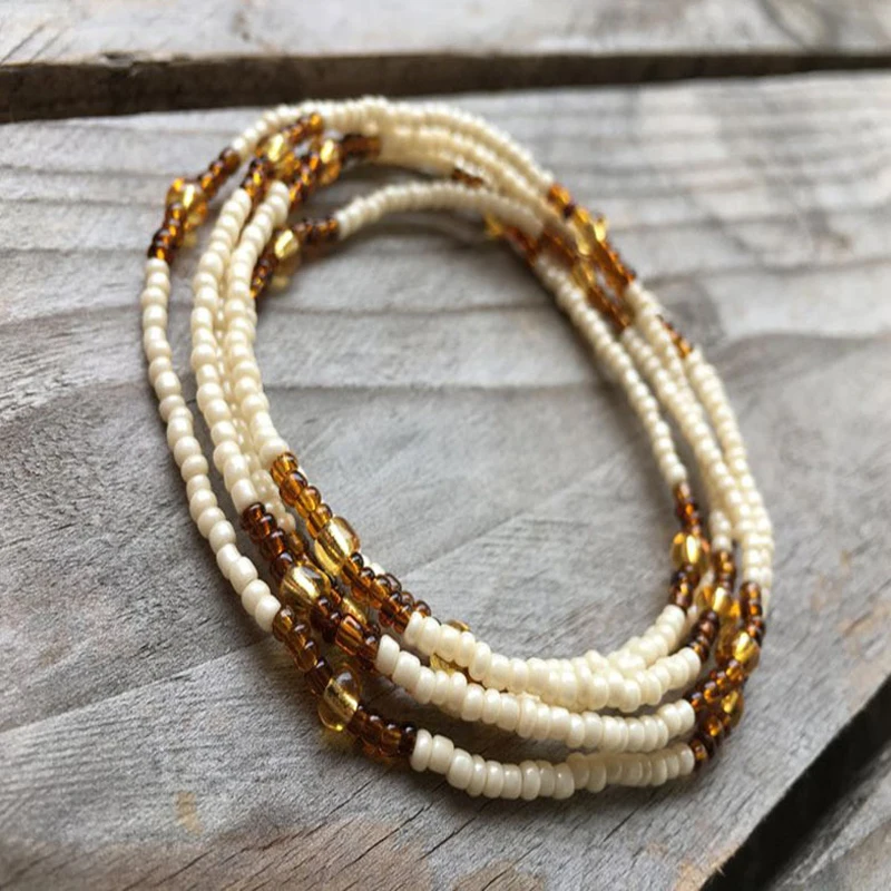 New Fashion White Brown Beads Belly Chain For Women Body Jewelry Gold Color Elastic Body Waist Chain 2021 Bohemia Beach Jewelry