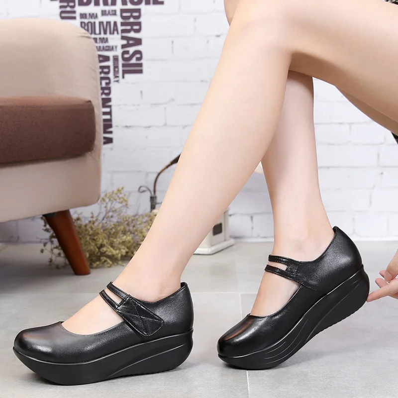 GKTINOO Women Genuine Leather Shoes Casual Wedge Shoes Ankle Straps Shallow Mouth Shoes Platform Soft Sole Lady Swing Shoes