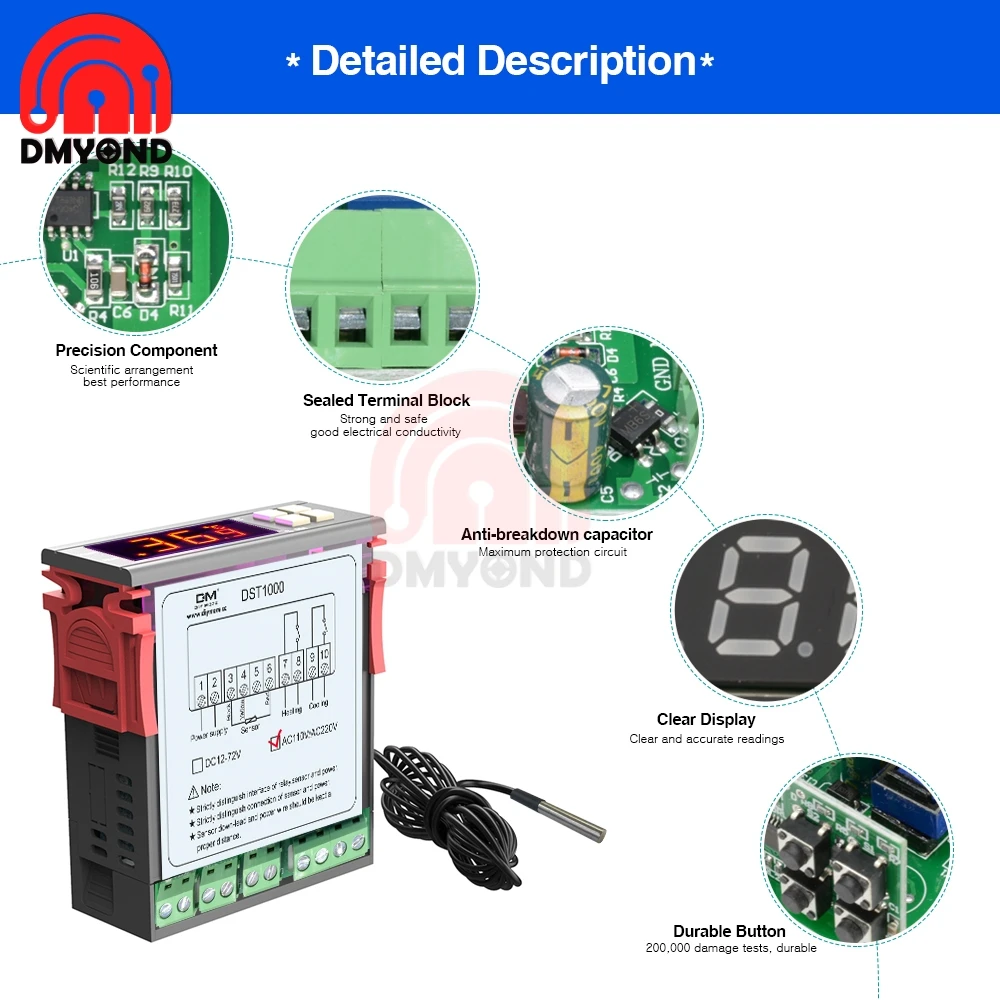 DST1000 AC 110-220V Single Display Digital Thermostat Temperature Controller Control Waterproof DS18B20 Sensor Replace STC-1000