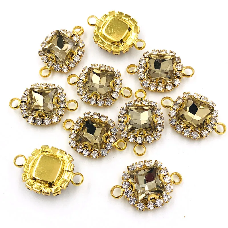 Free shipping Double loop sew on rhinestones Light coffee glass square shape gold base Crystal buckle DIY clothing accessories