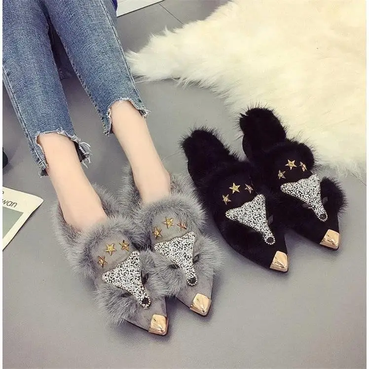 Autumn/Winter Pointed Toe Women Flats Shoes Crystal Plush Women Slip-On PU Casual Flat Shoes Women Plush Flat Shoes