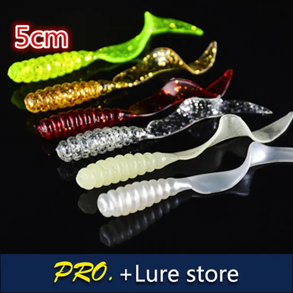 200pcs 5cm colorful soft material circle tail shinny isca grub worm maggot fishing lure baits for pond fishing